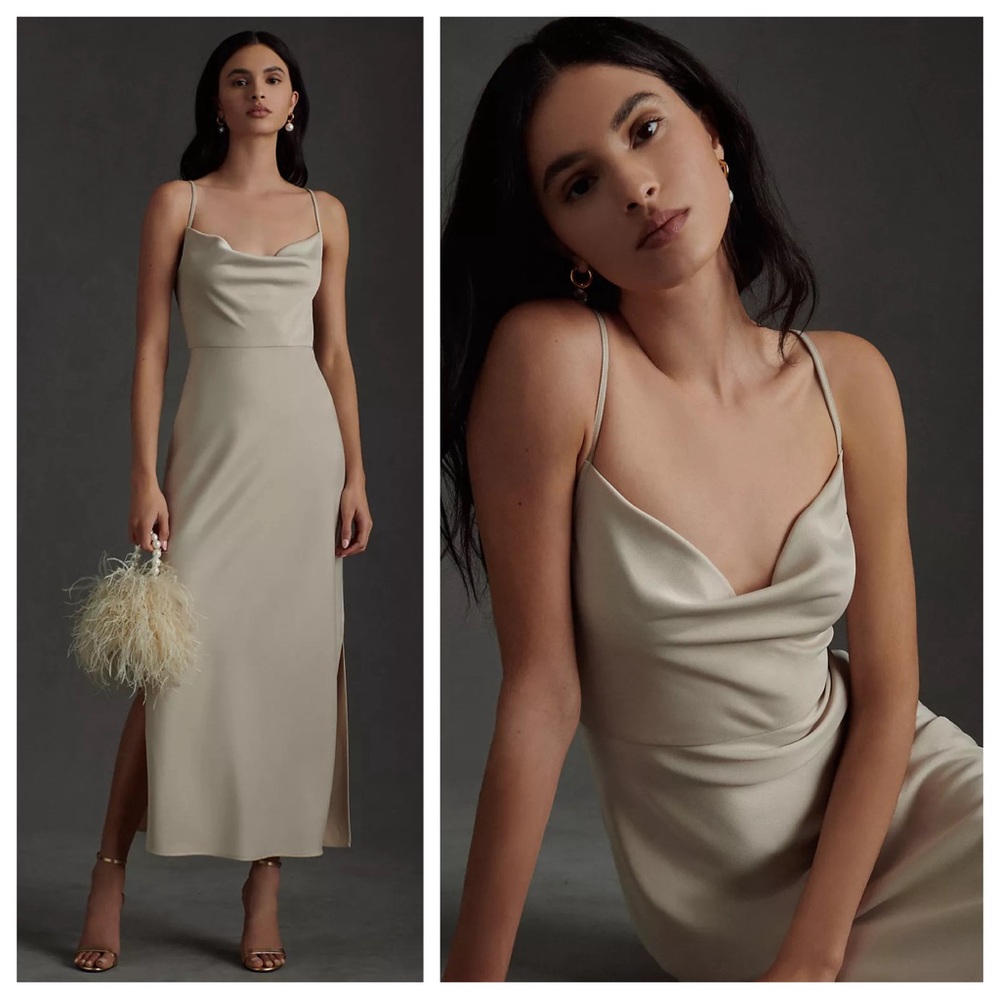 NWT BHLDN Cali Satin Cowl-Neck Midi Slip Dress In Champagne Anthropologie